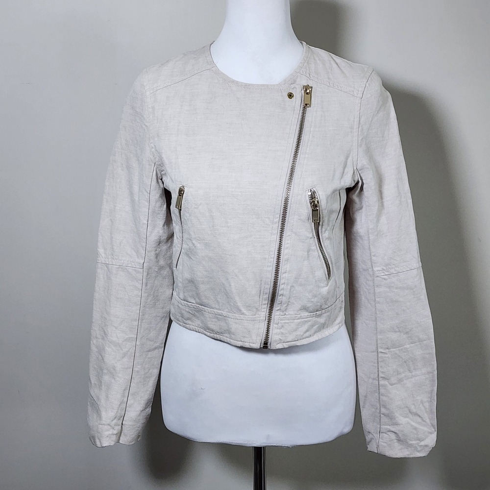 H&M Linen Blend Moto Jacket Womens 4 Beige Asymmetrical Zip Crop Vacation Resort